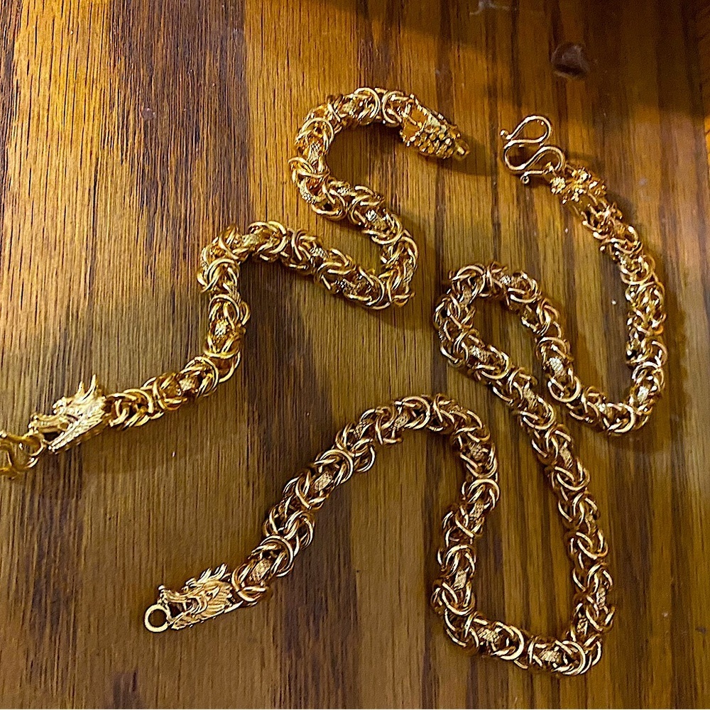 Gold Dragon Necklace Bracelet Matching Set